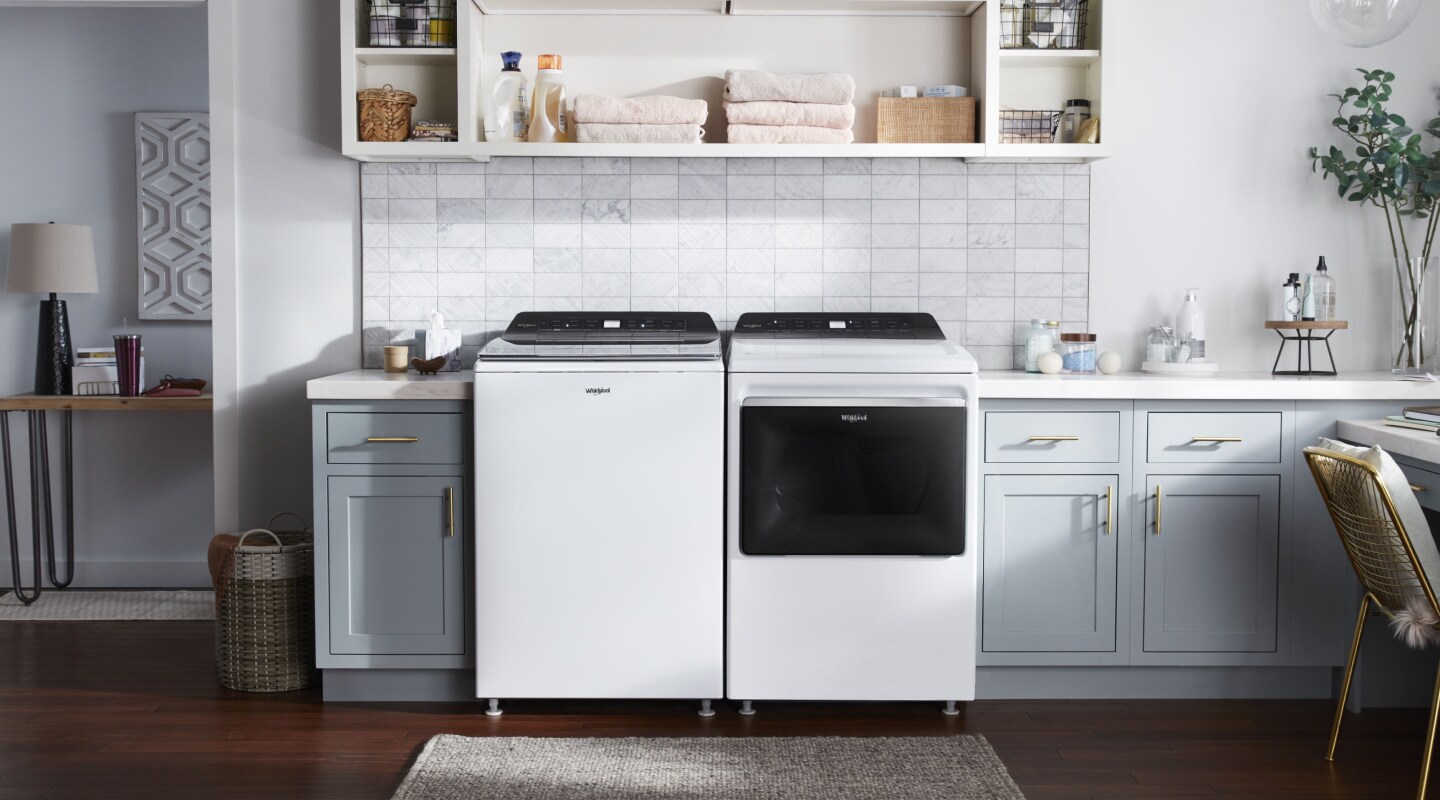 Washer and dryer set in a modern laundry room