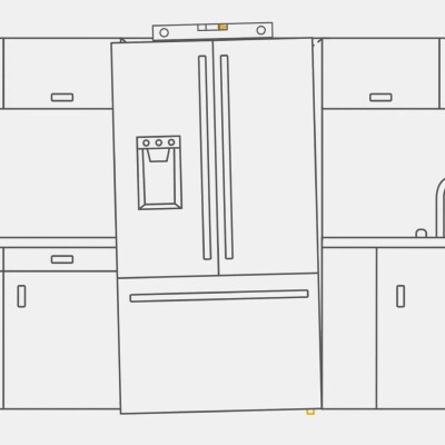 A graphic of a level on top of an unlevel fridge
