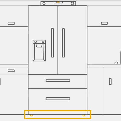 A graphic showing where the front grill is on a fridge