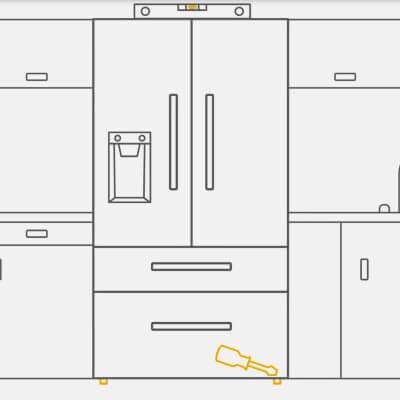 A graphic showing a screwdriver adjusting the leveling legs