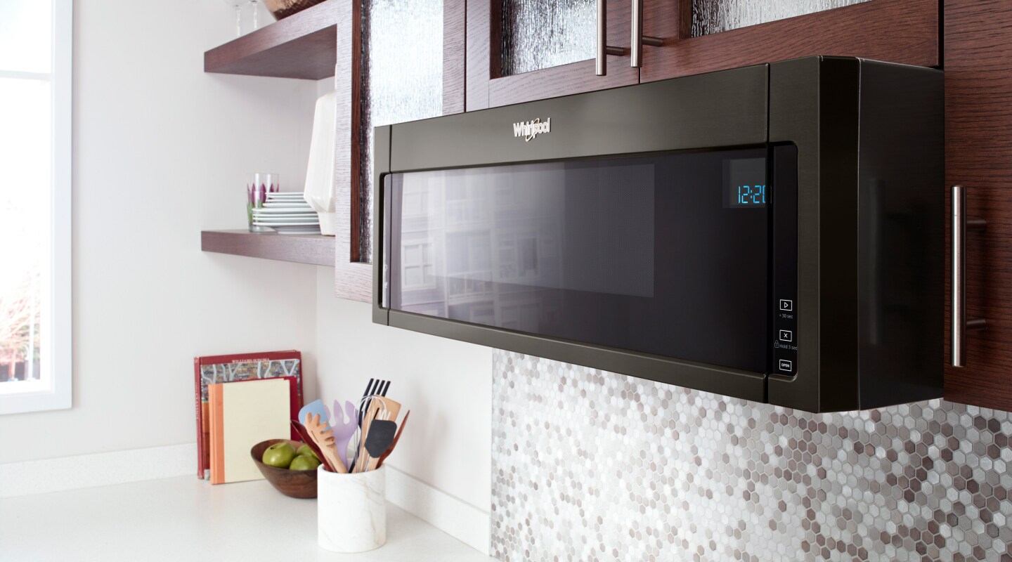 Black low profile, over-the-range microwave Black low profile, over-the-range microwave