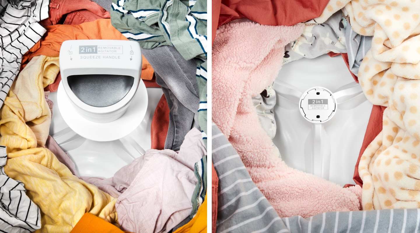 Clothing in washing machine with agitator and clothing in washing machine with impeller Clothing in washing machine with agitator next to clothing in washing machine with impeller