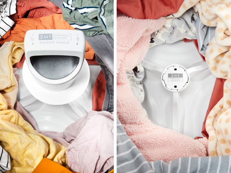 Clothing in washing machine with agitator and clothing in washing machine with impeller Clothing in washing machine with agitator next to clothing in washing machine with impeller