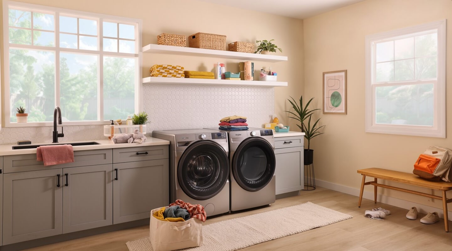 A bright laundry area with a Whirlpool® Smart Front Load Laundry Set