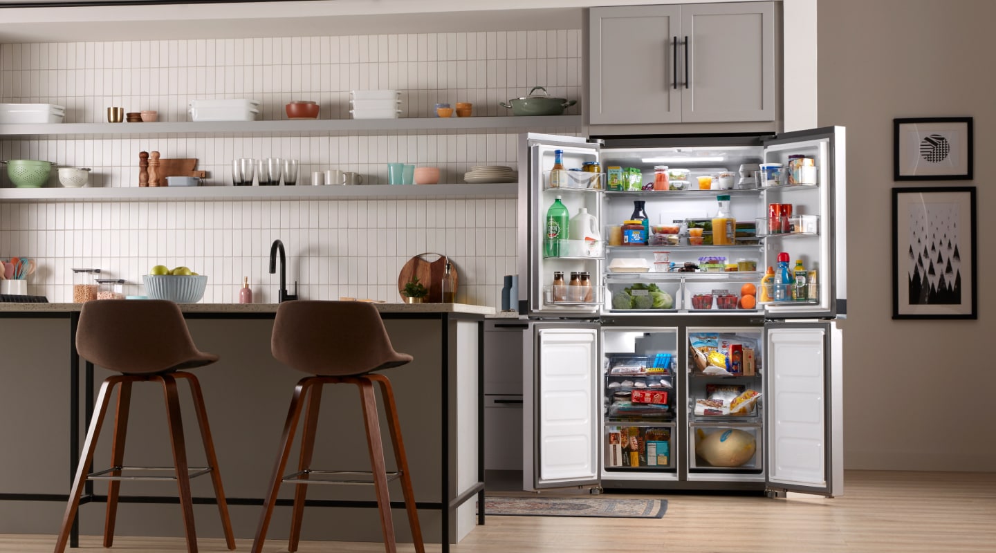 Four doors open on a refrigerator Four doors open on a refrigerator