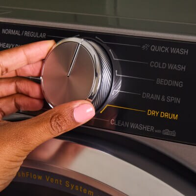 Washer control panel showing the Whirlpool® Dry Drum Cycle