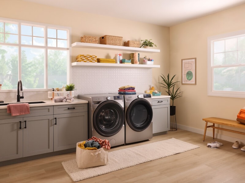 A bright laundry room with a bag of laundry on the floor in front of a Whirlpool® Washer and Dryer set A bright laundry room with a bag of laundry on the floor in front of a Whirlpool® Washer and Dryer set