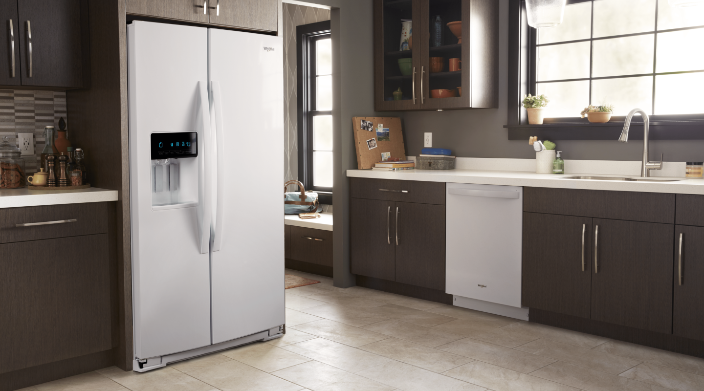 White Whirlpool® side-by-side refrigerator White Whirlpool® side-by-side refrigerator