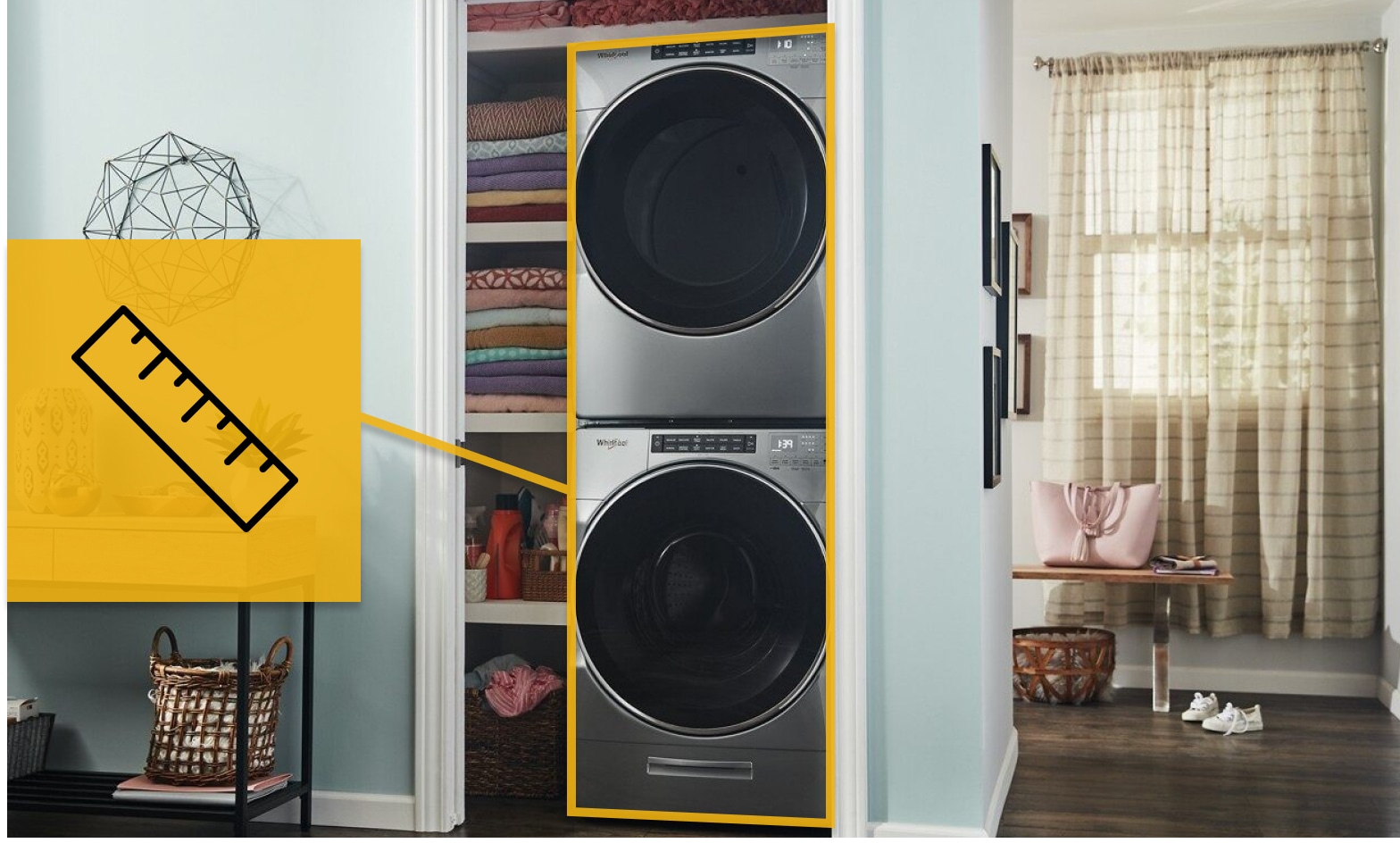 Stacked washer and dryer with ruler icon Stacked washer and dryer with ruler icon