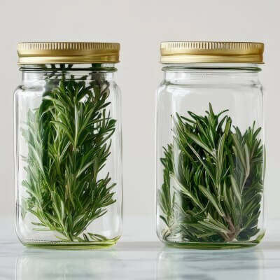 Two closed jars with different herbs inside them