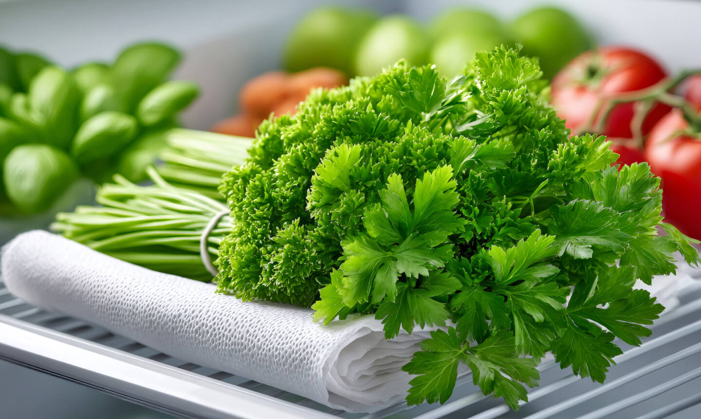 Fresh parsley resting on dry paper towel in a refrigerator 