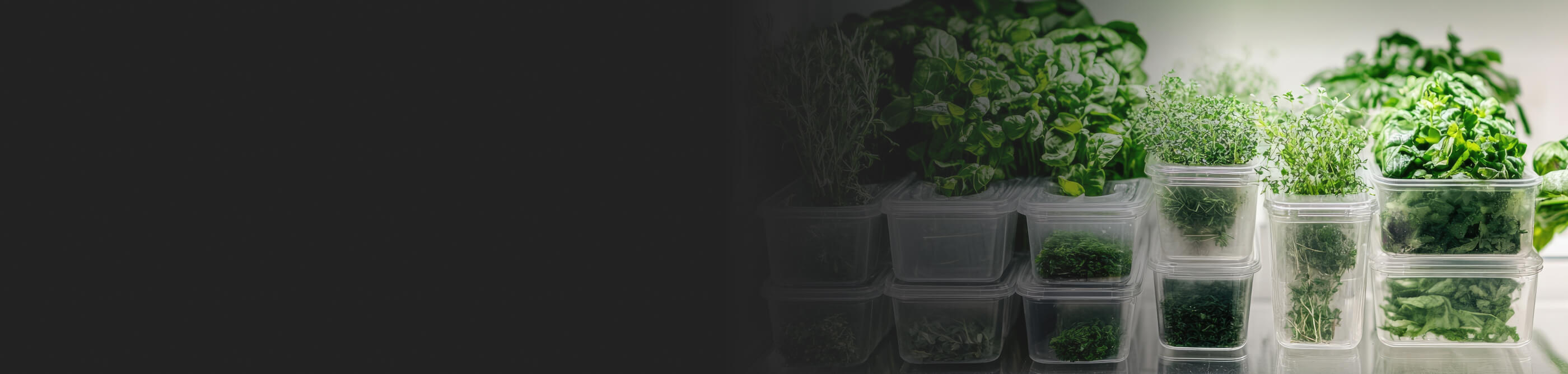 Fresh herbs in plastic containers on a refrigerator shelf