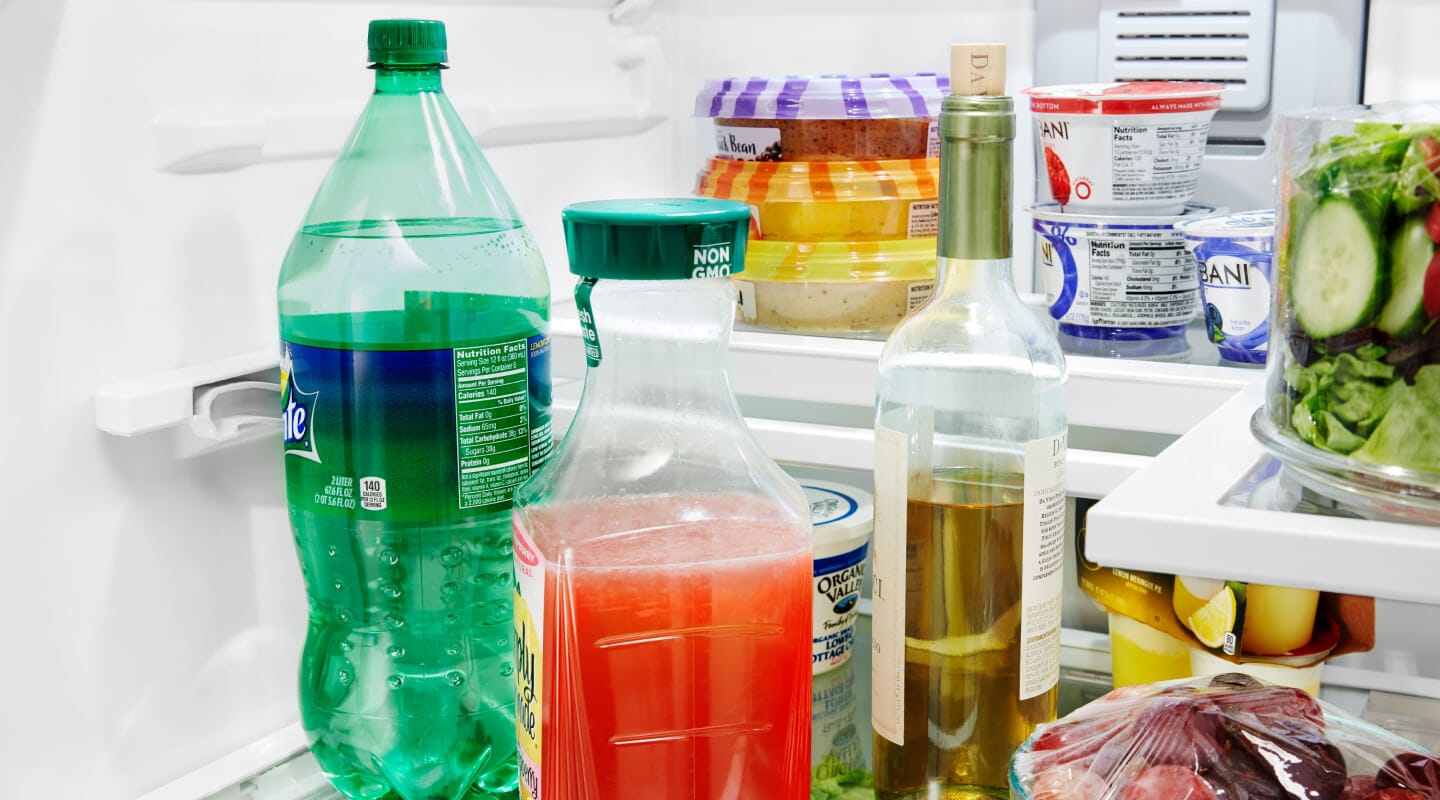 Food items on a refrigerator shelf Food items on a refrigerator shelf