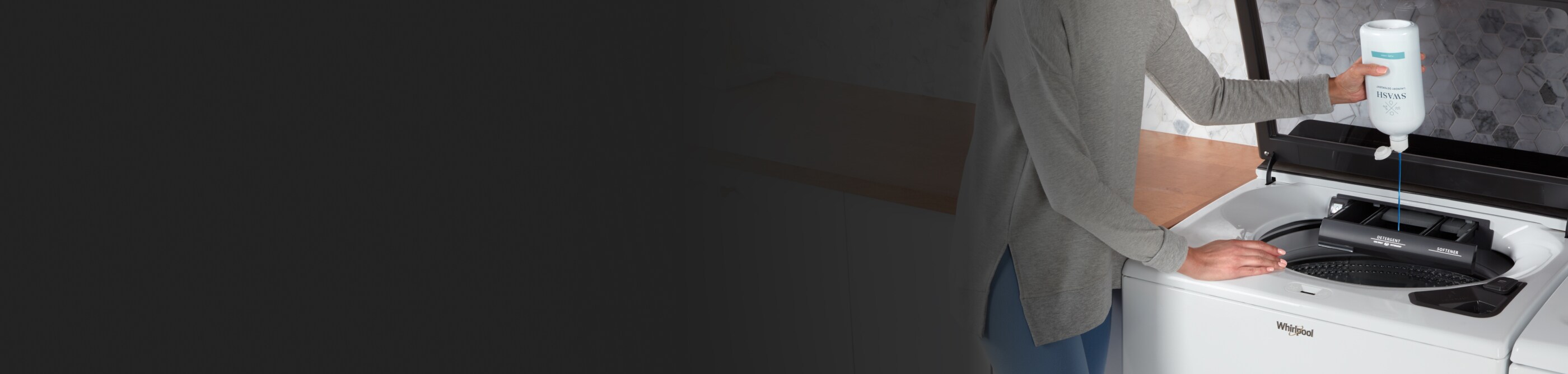 Woman pouring Swash® laundry detergent into a top load washer