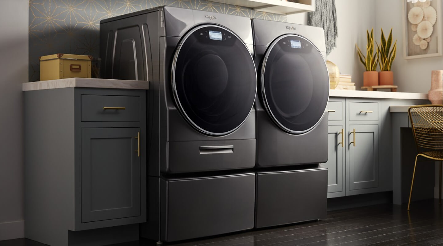 Silver Whirlpool® Front-Load Washer and Dryer pair
