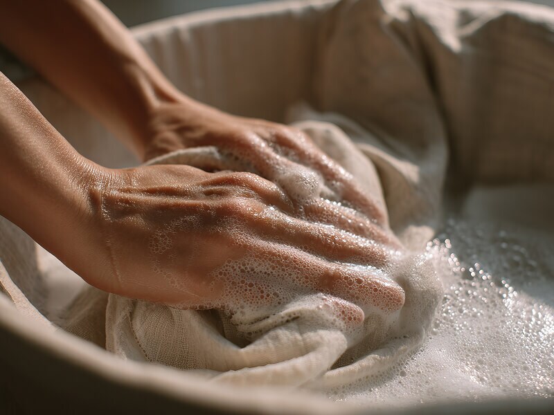 Hands washing a garment in soapy water