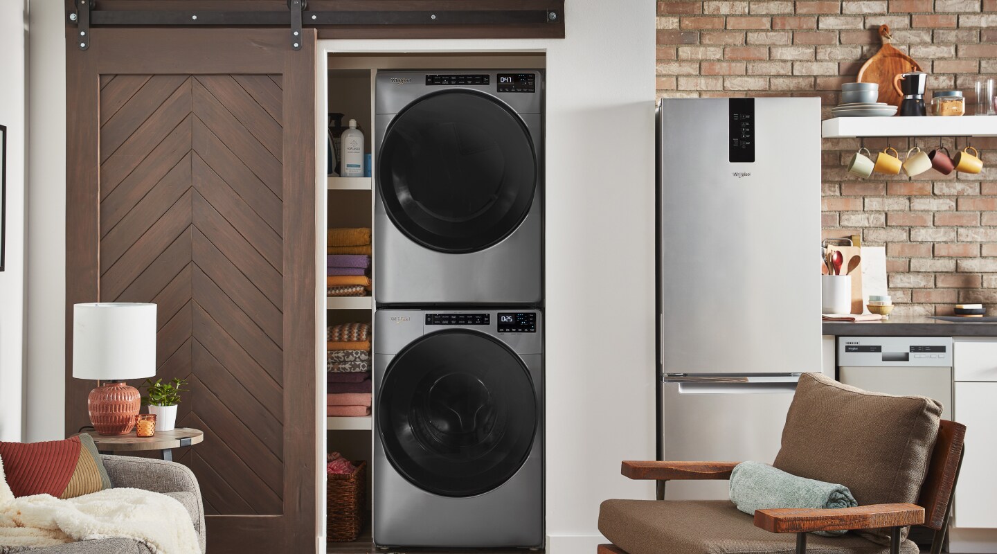 A stacked laundry set A stacked laundry set