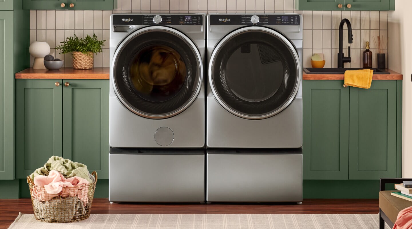 A matching Whirlpool® Smart Front-Load Washer and Dryer