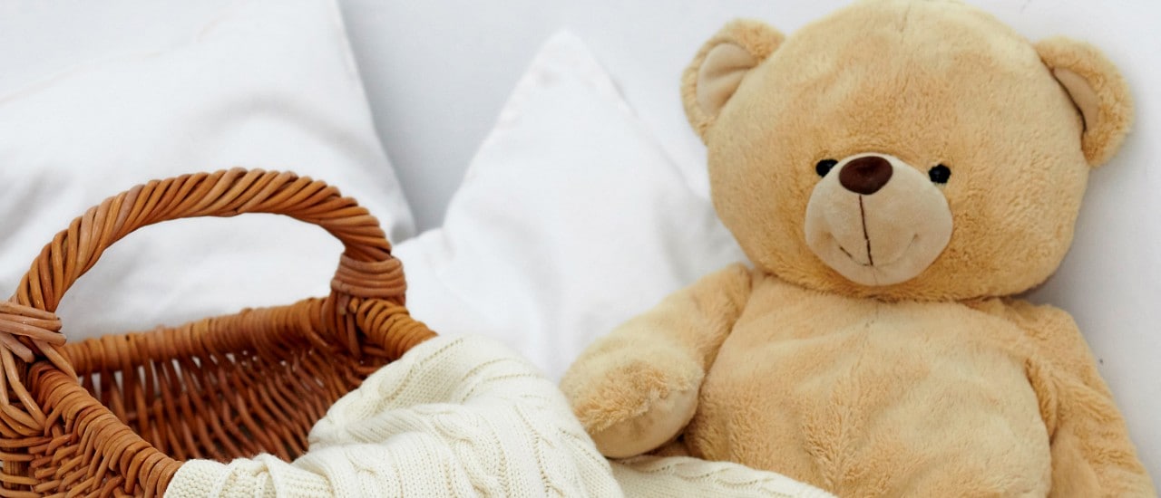 A stuffed animal next to a basket with a blanket A stuffed animal next to a basket with a blanket