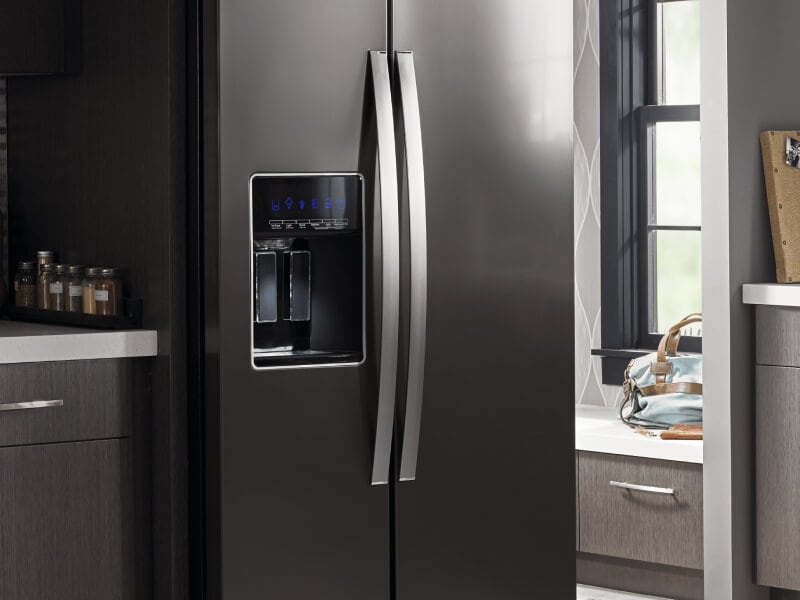 Gray side-by-side refrigerator with external ice maker