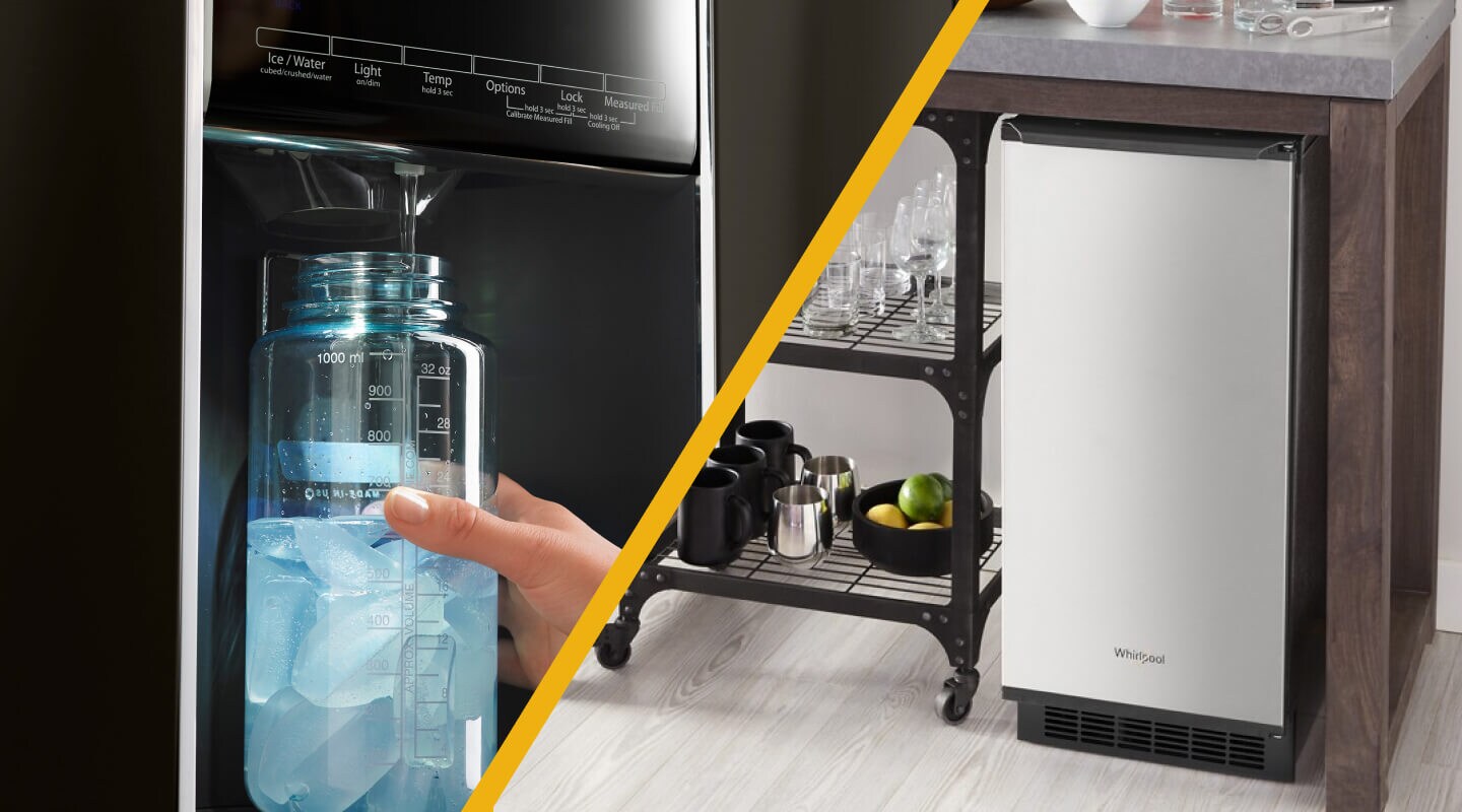 Split image of person filling water bottle with Whirlpool®  Icemaker