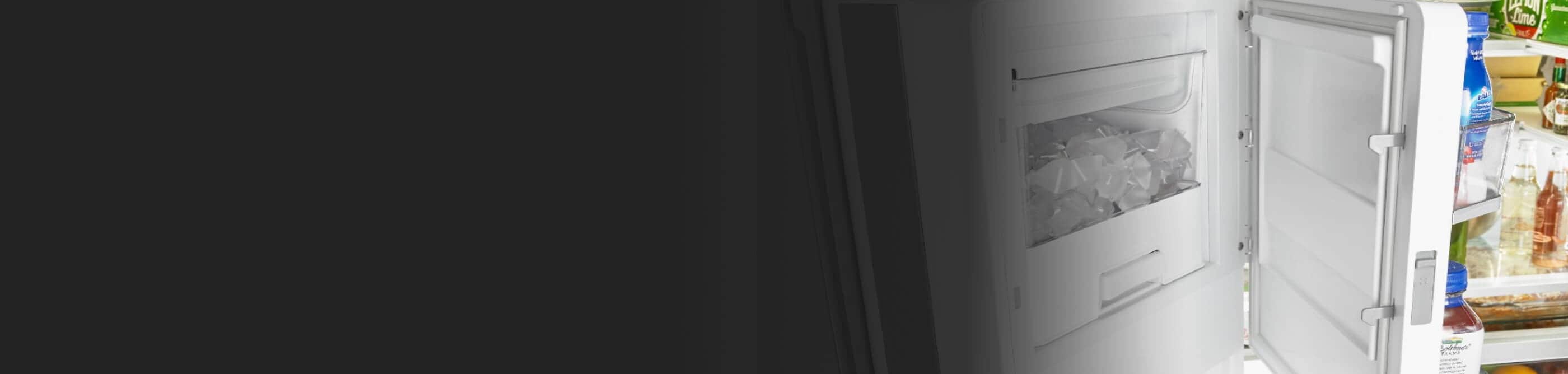 Close-up of open in-door ice bin full of ice