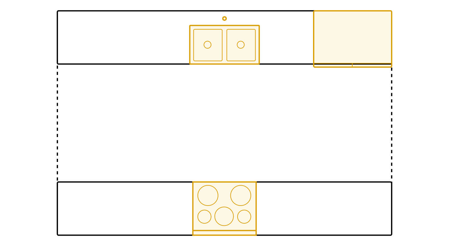 Galley kitchen layout diagram showing appliance placements Galley kitchen layout diagram showing appliance placements