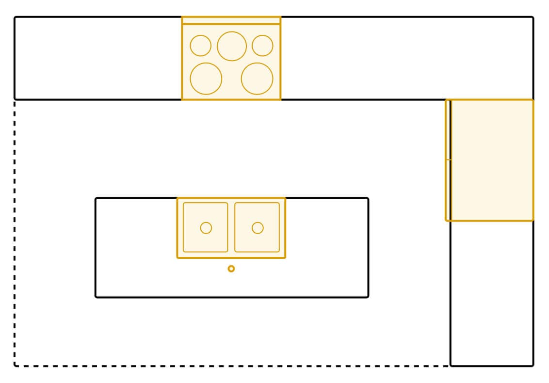 Island kitchen layout diagram showing appliance placements Island kitchen layout diagram showing appliance placements