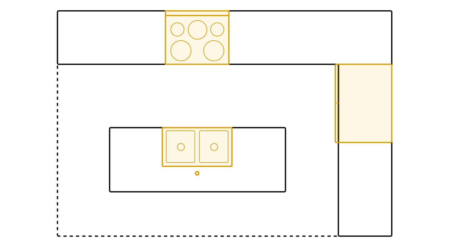 Island kitchen layout diagram showing appliance placements Island kitchen layout diagram showing appliance placements