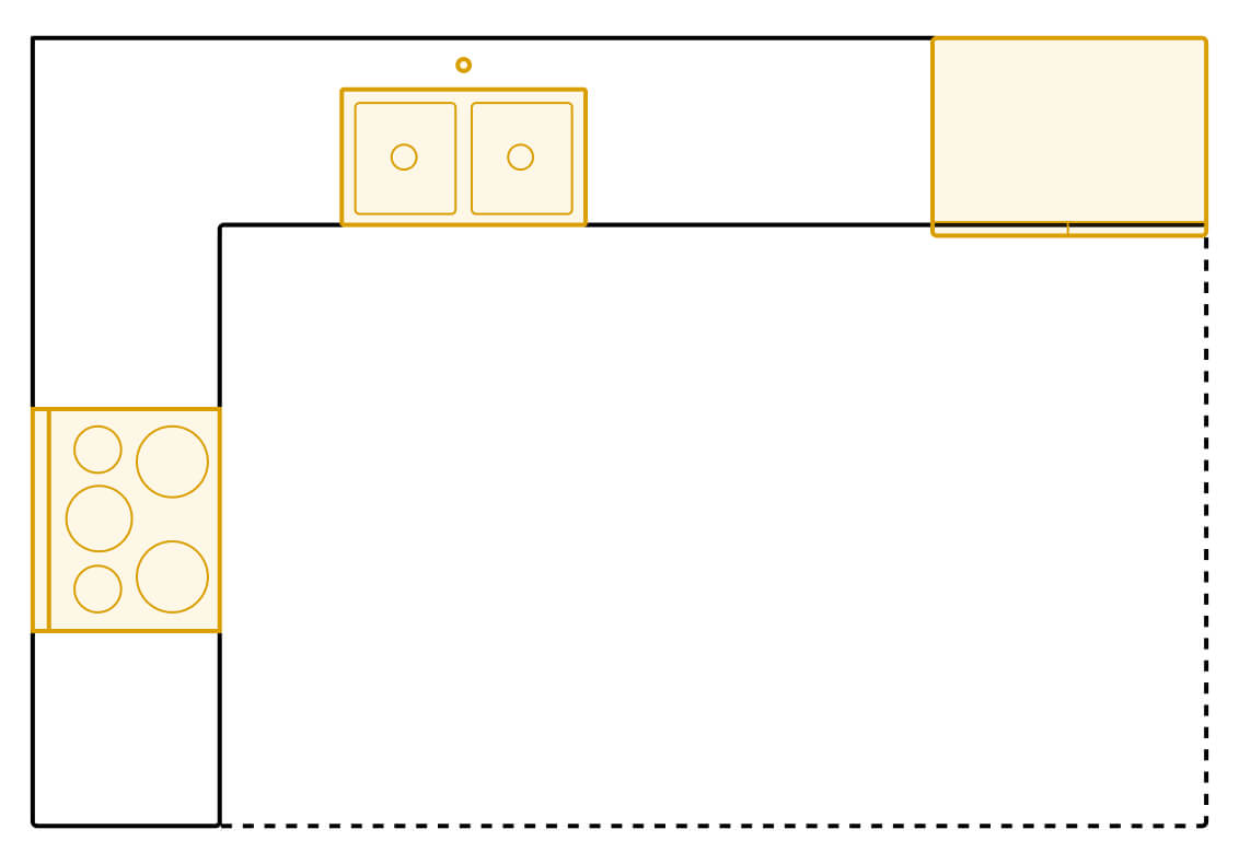 L-shaped kitchen layout diagram showing appliance placements L-shaped kitchen layout diagram showing appliance placements