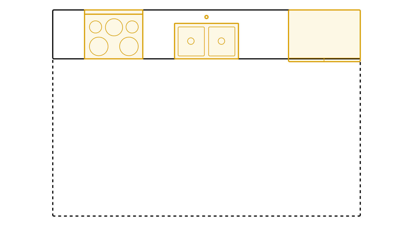 One wall kitchen layout diagram showing appliance placements One wall kitchen layout diagram showing appliance placements