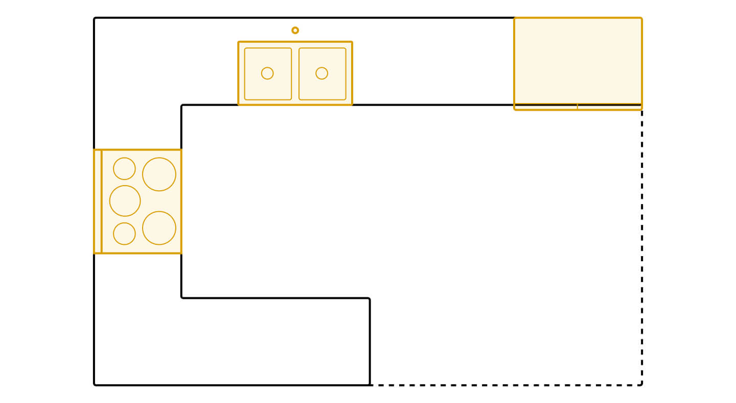 Peninsula kitchen layout diagram showing appliance placements Peninsula kitchen layout diagram showing appliance placements