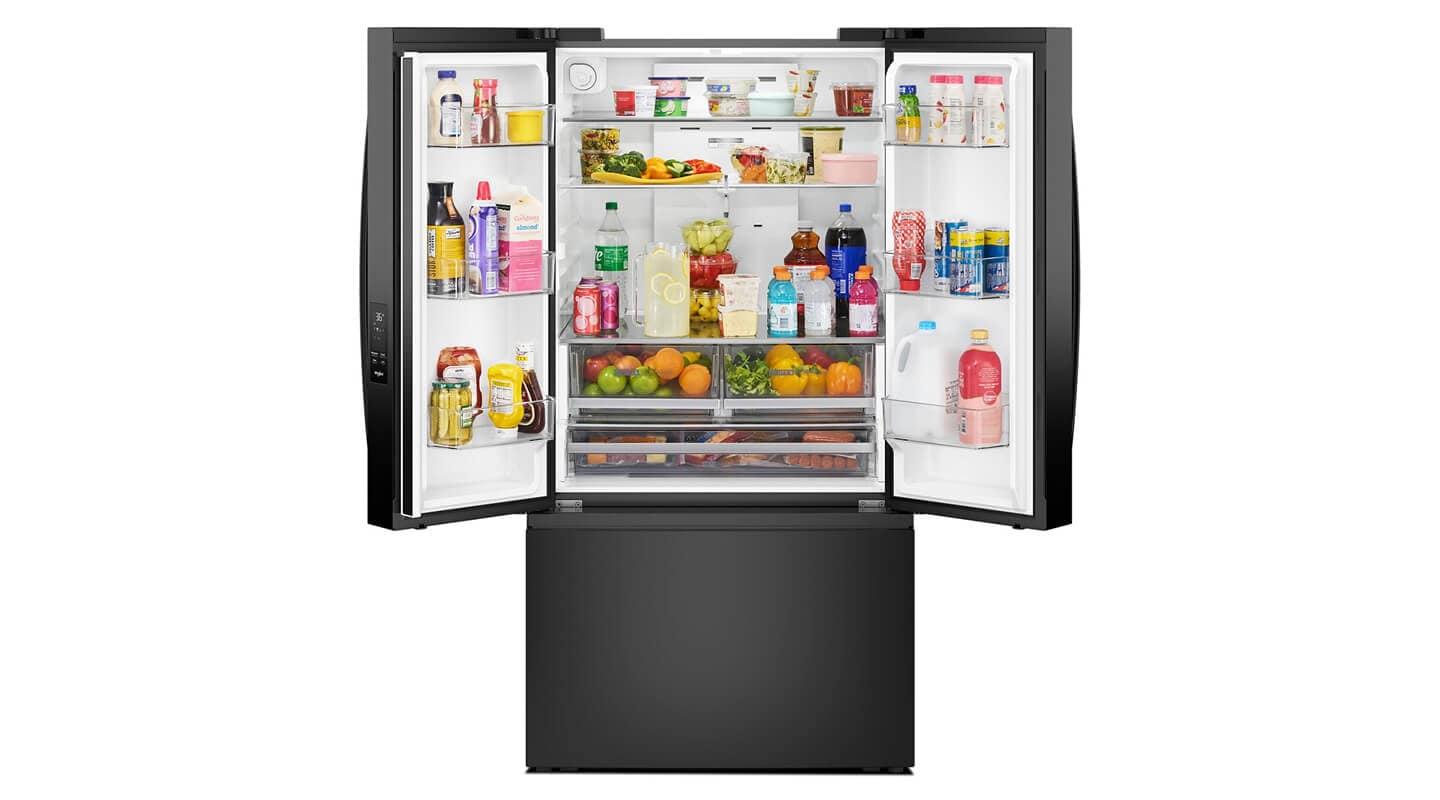 French door refrigerator with both sides open