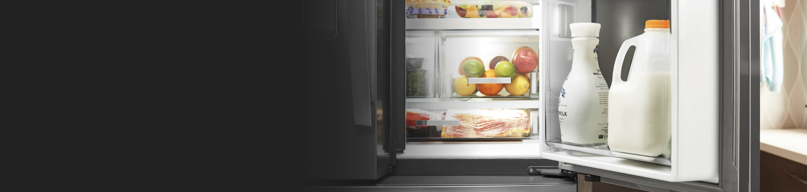 French door refrigerator open on one side