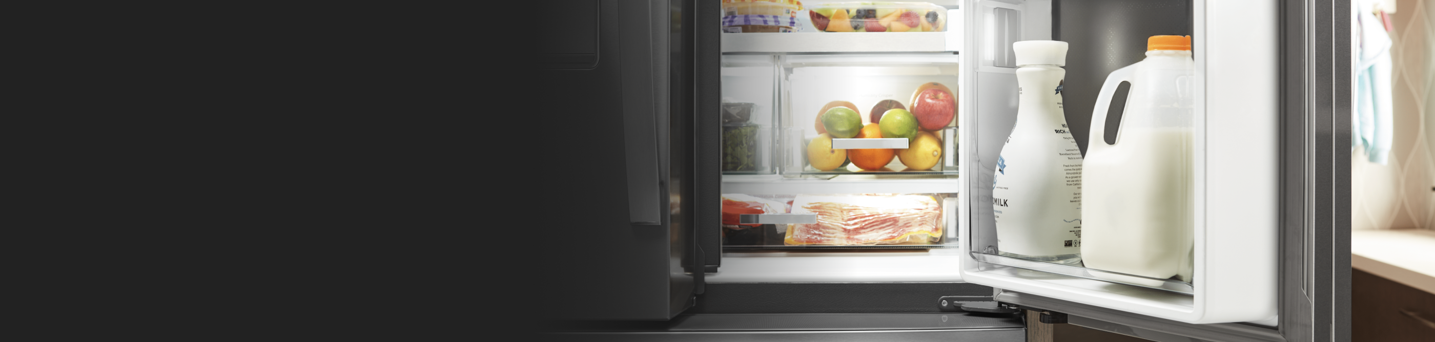 French door refrigerator open on one side