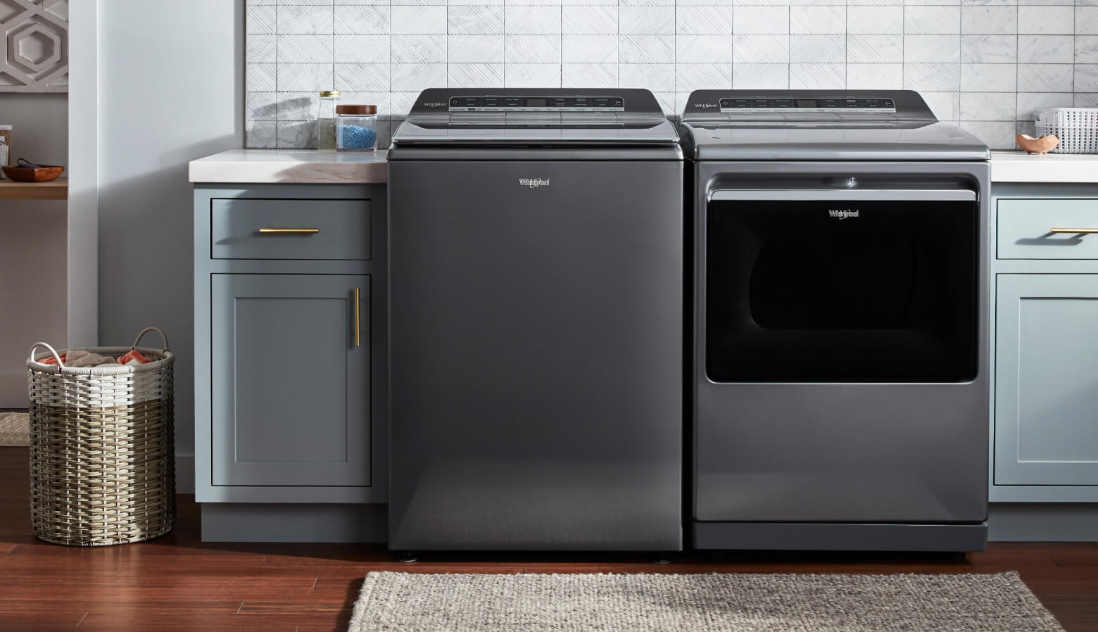 A side-by-side top load washer and dryer set
