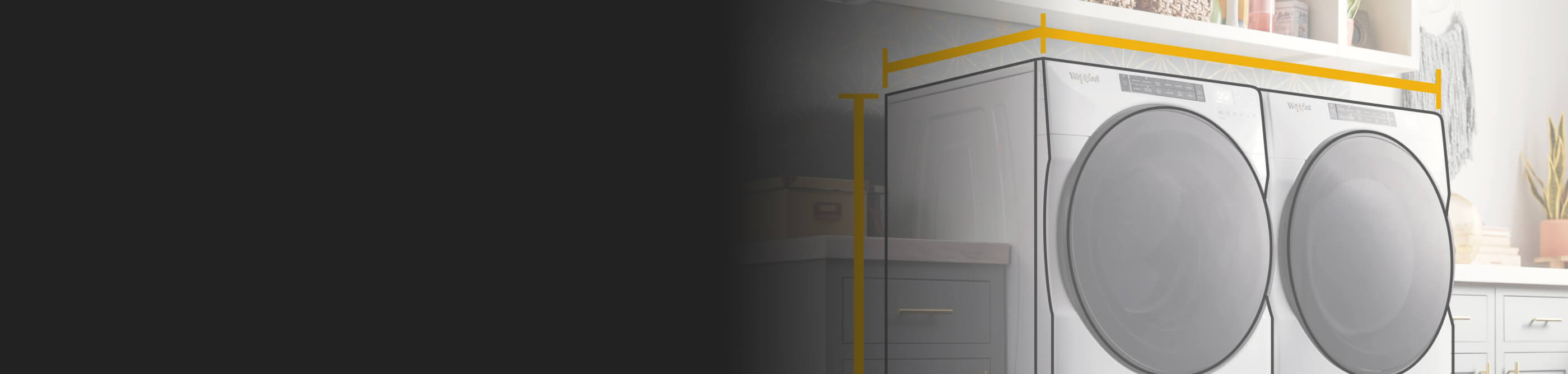 Rendering of a front load washer and dryer with dimension outlines around them