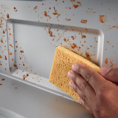 Person wiping down splatters inside the microwave