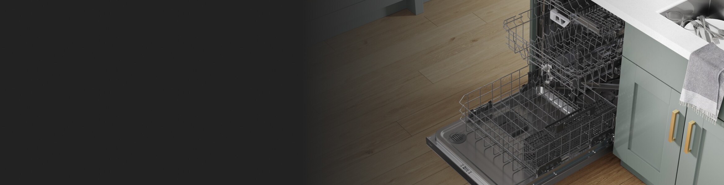 An open dishwasher with racks pulled out in a green kitchen