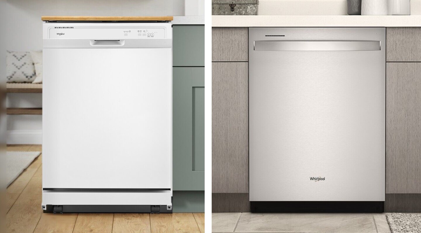 Side-by-side images of white portable and stainless steel built-in Whirlpool® Dishwashers