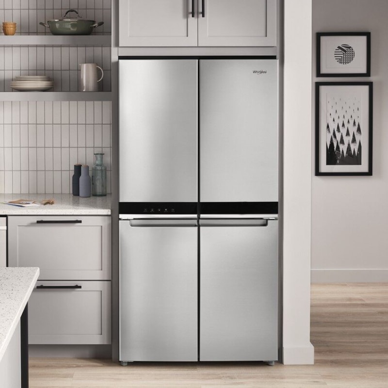 Whirlpool® French Door Refrigerator in a suite of stainless steel Whirlpool brand appliances