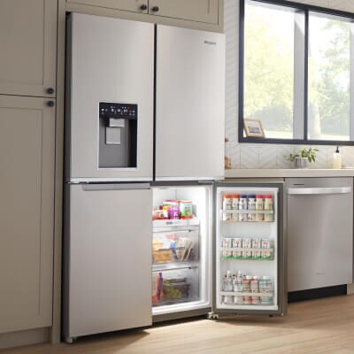 Whirlpool® 4-Door Refrigerator with bottom right compartment open
