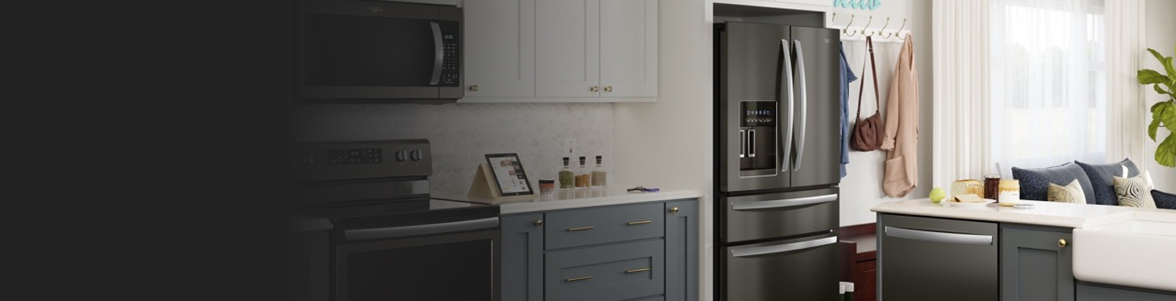 French door refrigerator in kitchen with blue cabinets