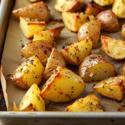 Chopped potatoes roasting in a pan
