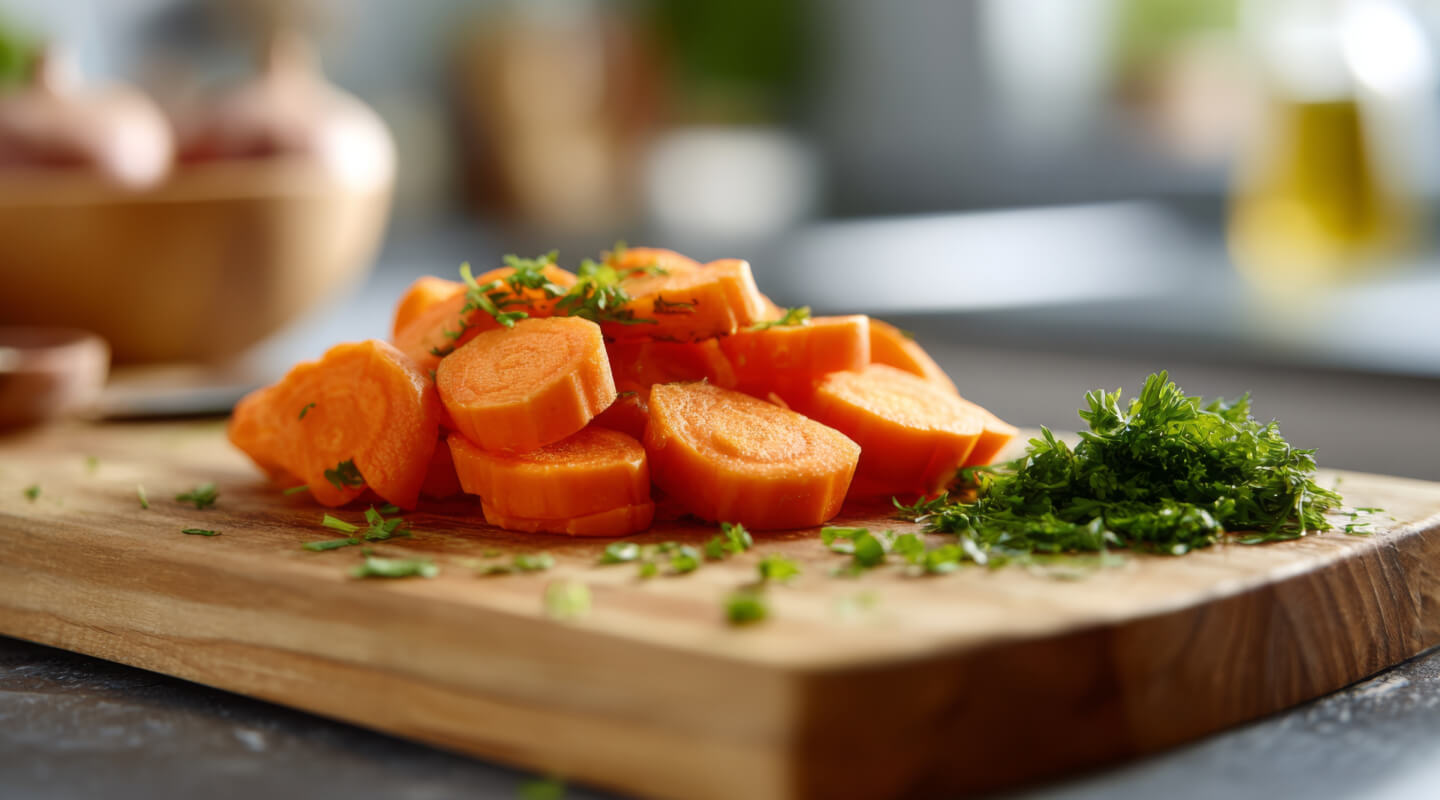 Chopped carrots and carrot stems on a wooden cooking board