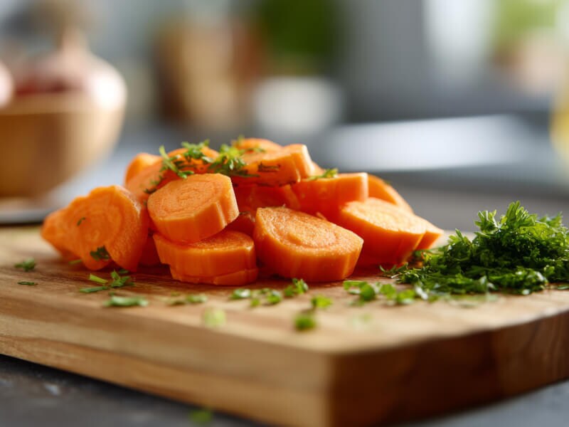 Chopped carrots and carrot stems on a wooden cooking board