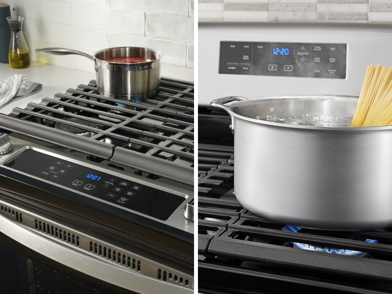 Red sauce and pasta cooking on a slide-in and freestanding range respectively Red sauce and pasta cooking on a slide-in and freestanding range respectively