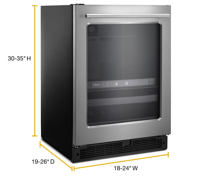 An upright mini fridge with the dimensions displayed