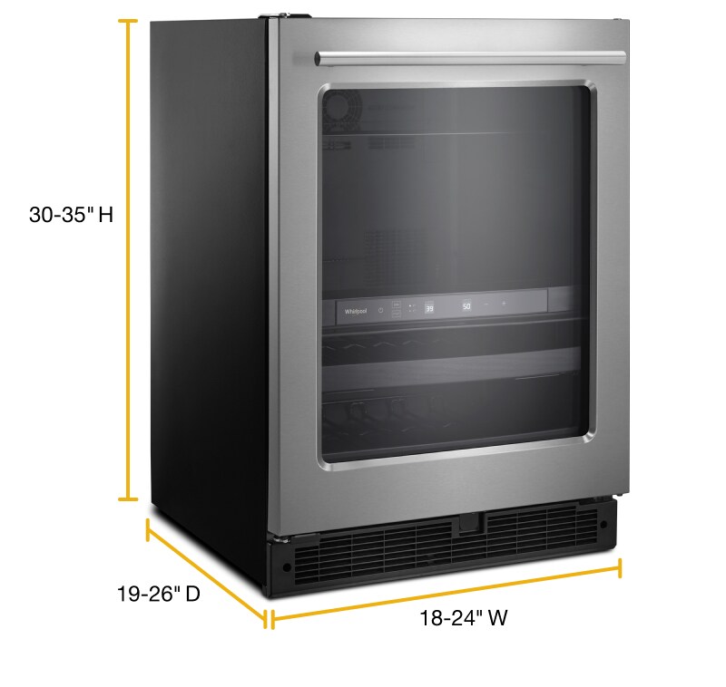 An upright mini fridge with the dimensions displayed