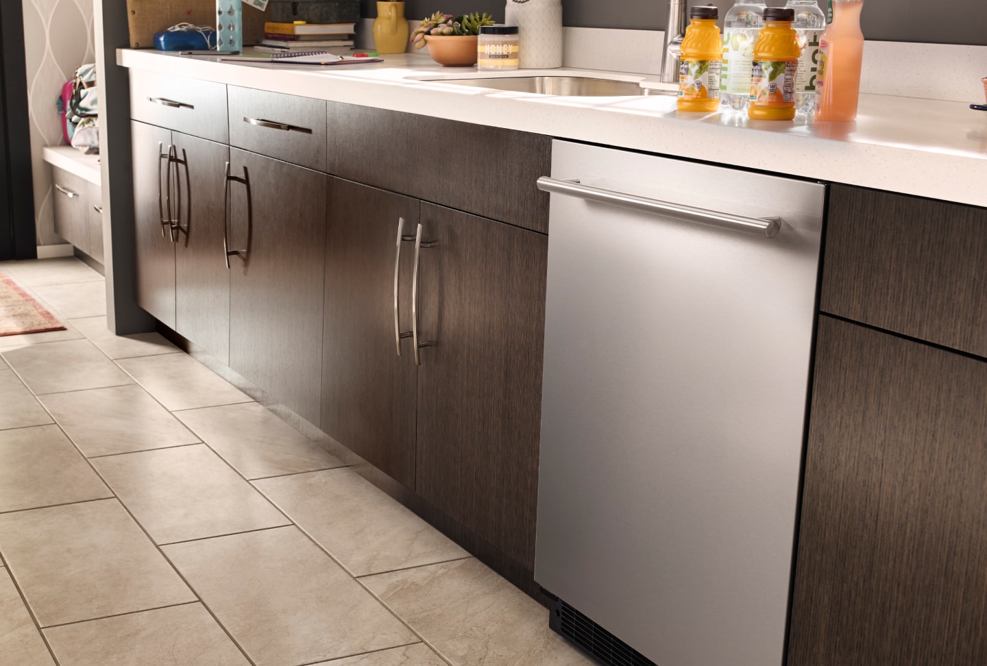 An undercounter fridge installed in a kitchen